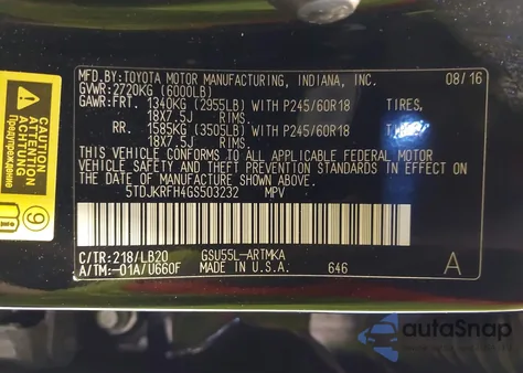 2016 Toyota Highlander Xle V6 z USA, uszkodzony, nr VIN 5TDJKRFH4GS503232